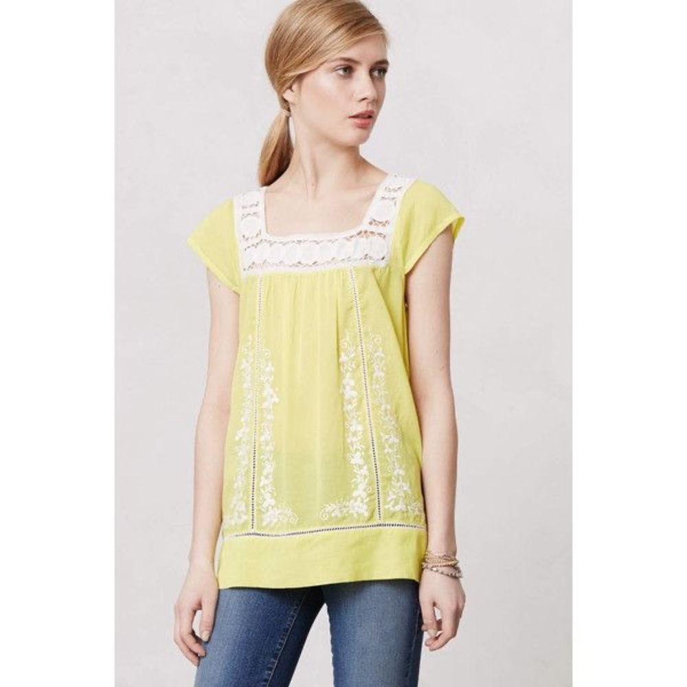 Anthropologie Moulinette Soeurs Peasant Blouse Yellow Short Sleeve Top Size 6
